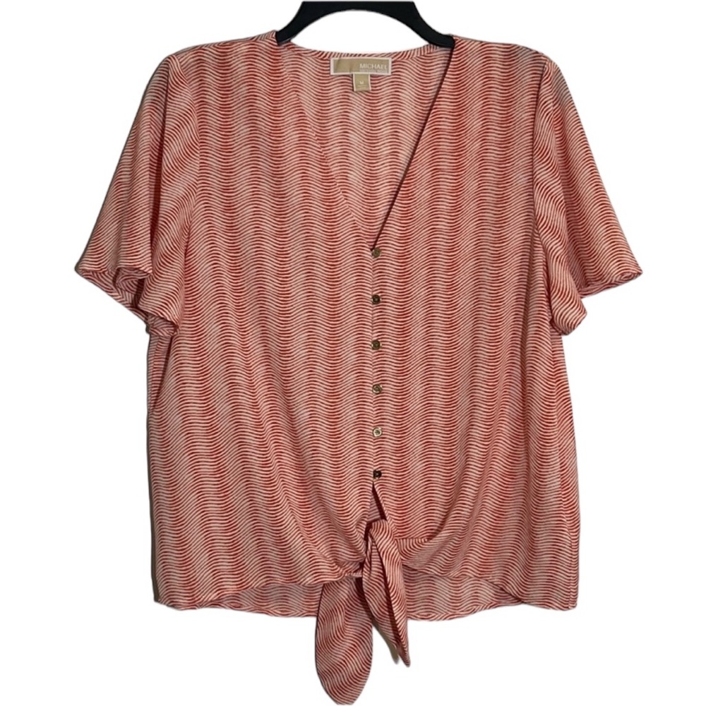 Michael Kors Tie front Orange & White Top Flutter Sleeve Blouse Medium
